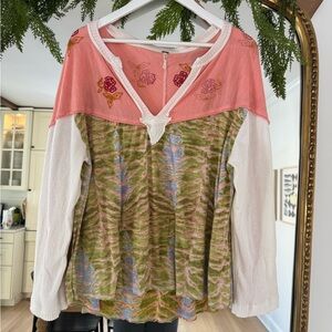 Free People Pink and Green Embroidered Blouse